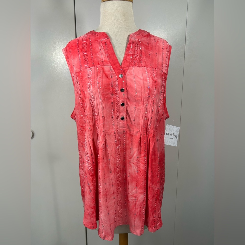 Coral Pink Sleeveless Button-Down Top NWT Size 1X Sequins